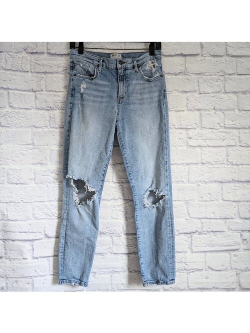 AGOLDE Sophie Crop Distressed Skinny Jeans 28 Light Blue Ripped Knees Mid Rise